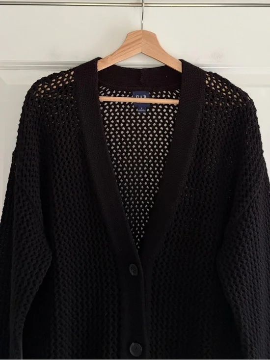 GAP Crochet Cardigan Sweater Black Open Knit Beachy Oversized Button Up Size L - Picture 7 of 16